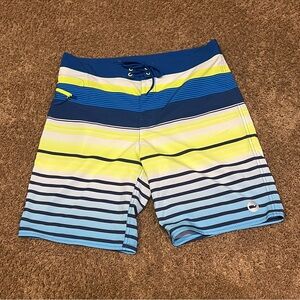 Vineyard Vines Stretch Board Shorts Striped Neon Blue Swim Trunks Men’s Size 32